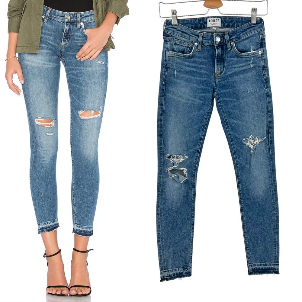 Agolde‎ Lara Skinny Jeans Badlands Denim Medium Wash Distressed Blue Size 24